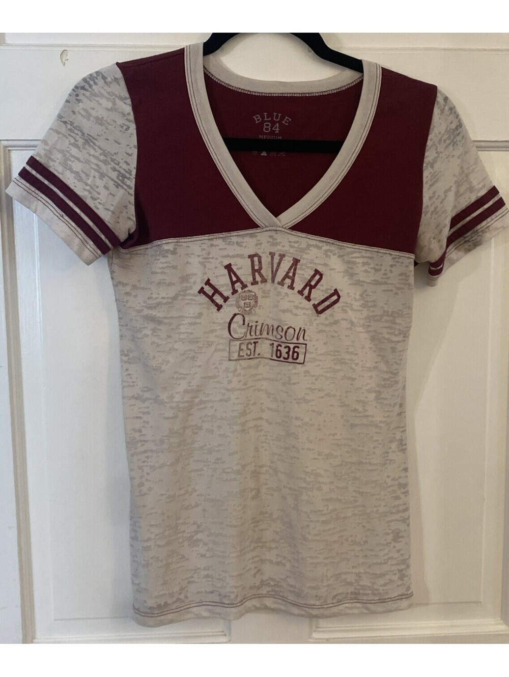 Harvard University VNeck Crimson T Shirt Maroon White Blue 84 Thin Women’s Med